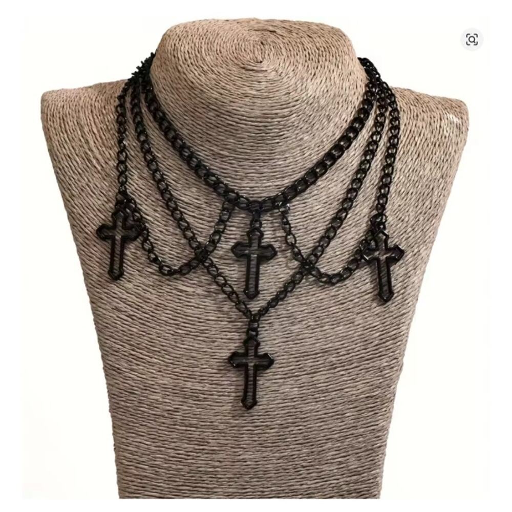 Black Layered Cross Necklace Gothic Chain Multi Strand Pendant Choker Jewelry